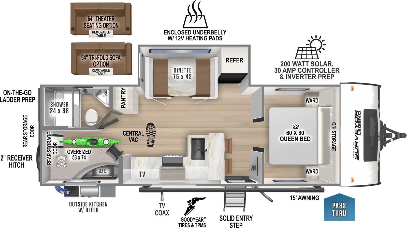 The 260BHLE has one entry and one slideout. Exterior features pass thru storage, solid entry step, TV coax, an outside kitchen, 15 foot awning, Goodyear tires and TPMS, on-the-go-ladder prep, 2 inch receiver hitch, rear storage door, enclosed underbelly with 12 volt heating pads, and 200 watt solar with 30 amp controller and inverter prep. Interior layout front to back: foot facing queen bed with overhead storage, and wardrobes on each side; off-door side slideout with refrigerator, and dinette; door side entry, peninsula kitchen counter with seats and sink wrap to door side with TV; off-door side pantry; rear off-door side full bathroom; rear door side bunk beds. This RV has central vacuum. Optional theater seating or tri-fold sofa available in place of dinette.